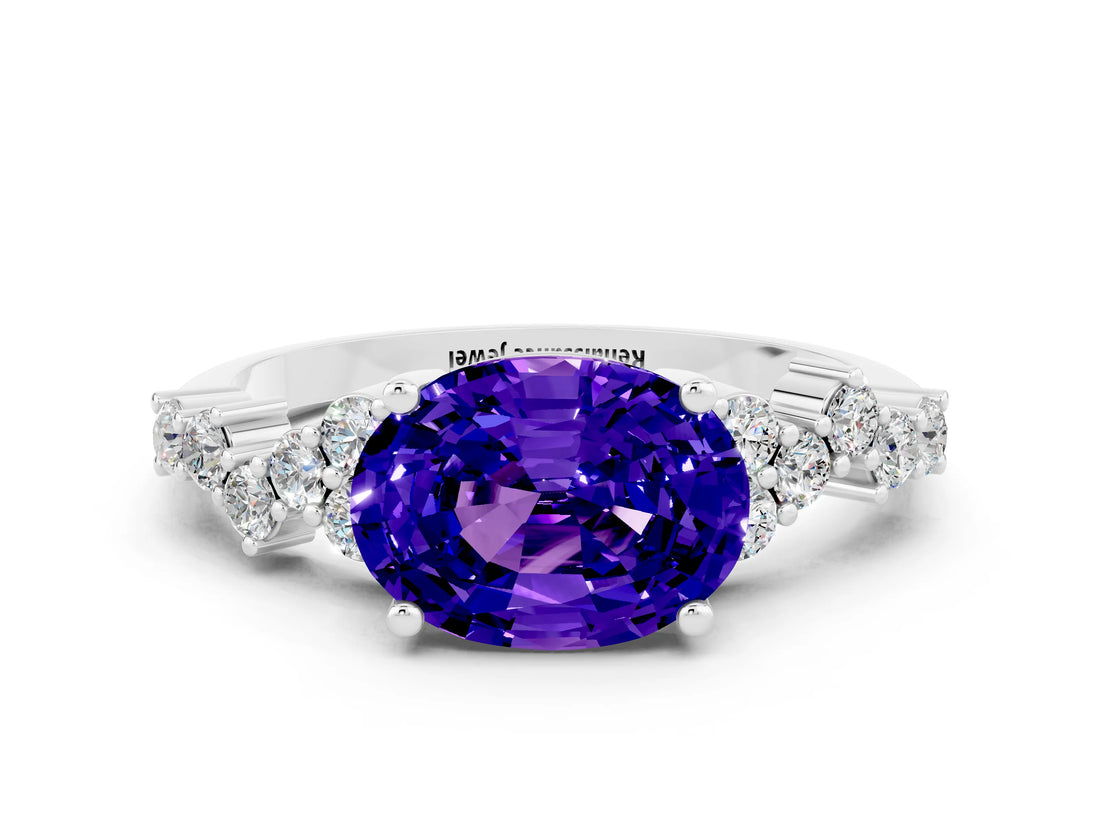 White gold Oval Cut Tanzanite Scattered Round Accent Ring with Prong Setting_36