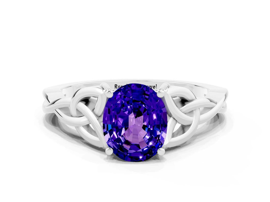 White gold Oval Cut Tanzanite Solitaire Celtic Knot Ring with Four-Prong Setting_12