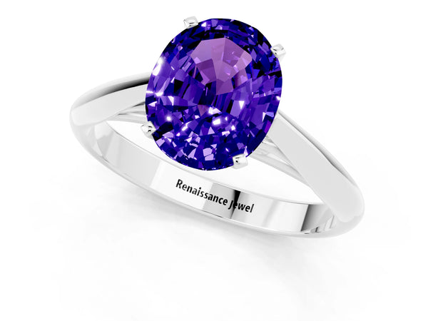 Platinum Oval Cut Tanzanite Solitaire Engagement Ring with Cathedral Setting and Four-Prong Mount