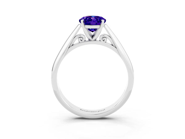 Silver Oval Cut Tanzanite Solitaire Engagement Ring with Cathedral Setting and Four-Prong Mount