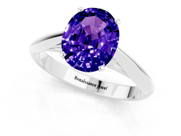 White gold Oval Cut Tanzanite Solitaire Engagement Ring with Cathedral Setting and Four-Prong Mount