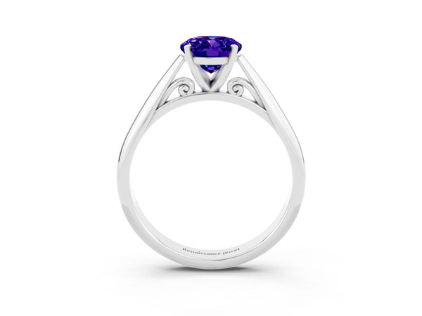 Platinum Oval Cut Tanzanite Solitaire Engagement Ring with Cathedral Setting and Four-Prong Mount