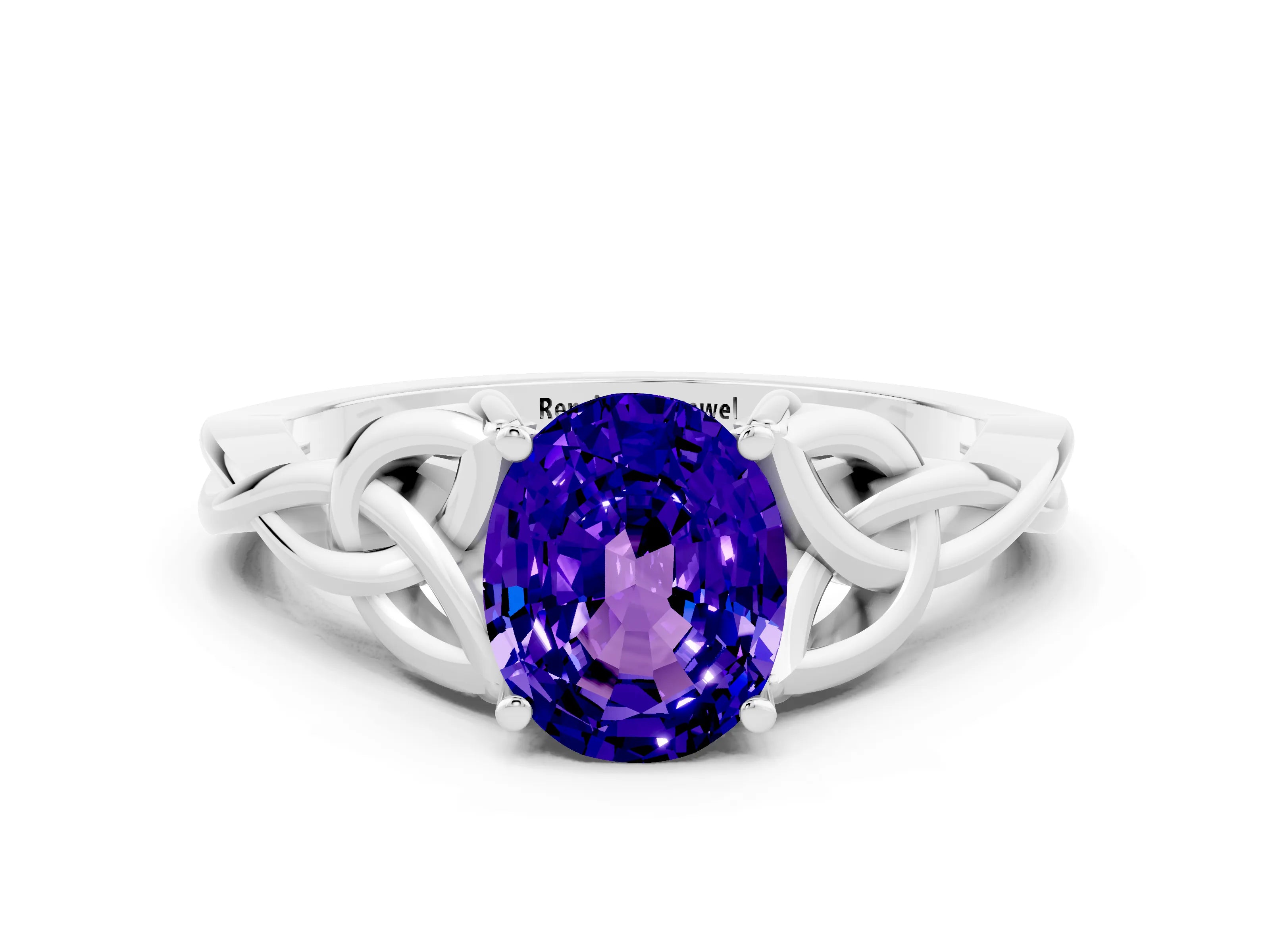 White gold Oval Cut Tanzanite Solitaire Engagement Ring with Celtic Knot Band and Four-Prong Setting