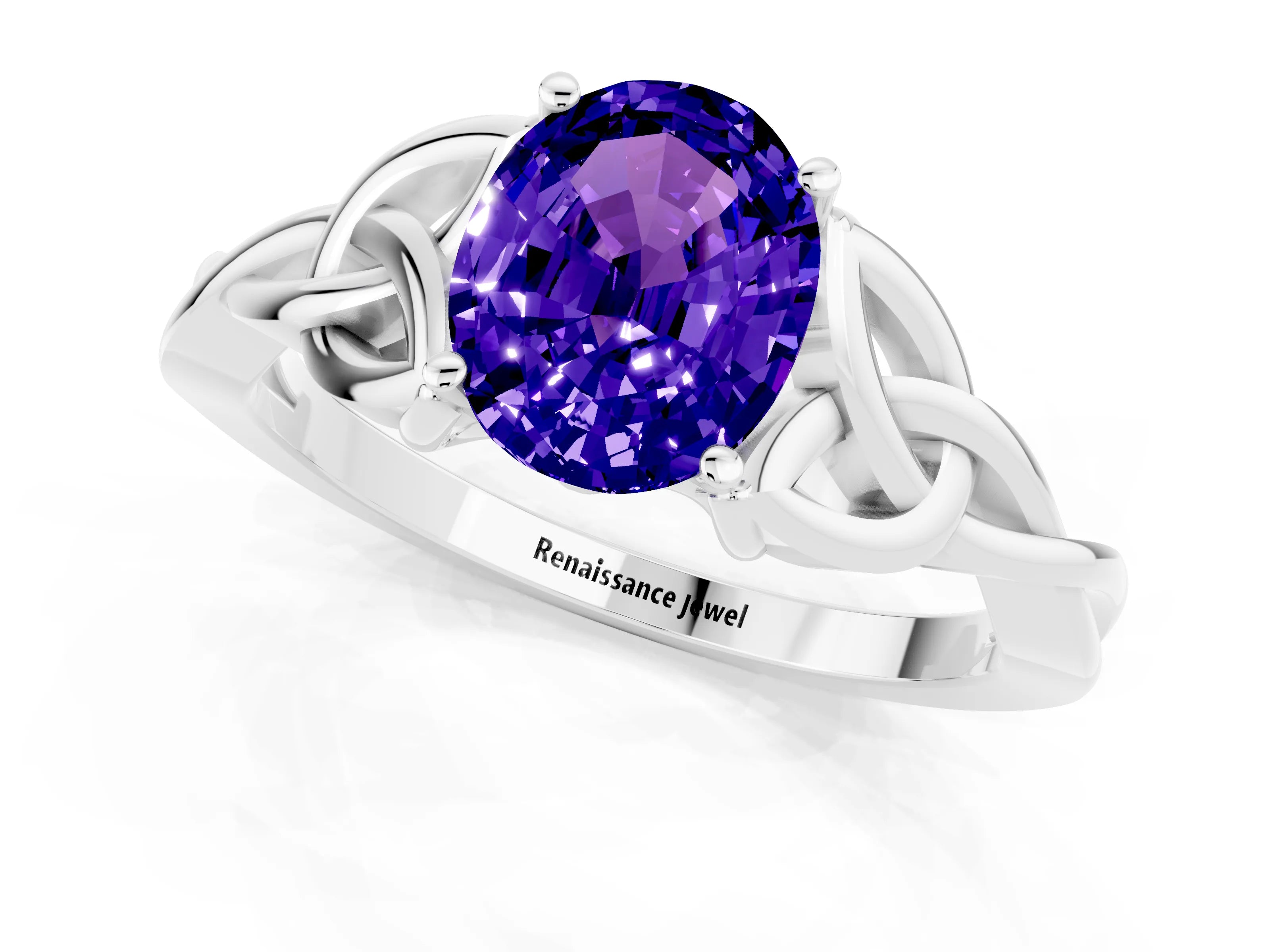 White gold Oval Cut Tanzanite Solitaire Engagement Ring with Celtic Knot Band and Four-Prong Setting_1