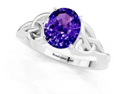 White gold Oval Cut Tanzanite Solitaire Engagement Ring with Celtic Knot Band and Four-Prong Setting_1