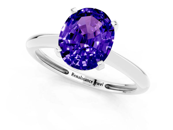 White gold Oval Cut Tanzanite Solitaire Engagement Ring with Classic Band and Four-Prong Setting