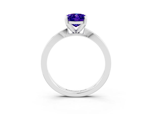 Platinum Oval Cut Tanzanite Solitaire Engagement Ring with Classic Band and Four-Prong Setting