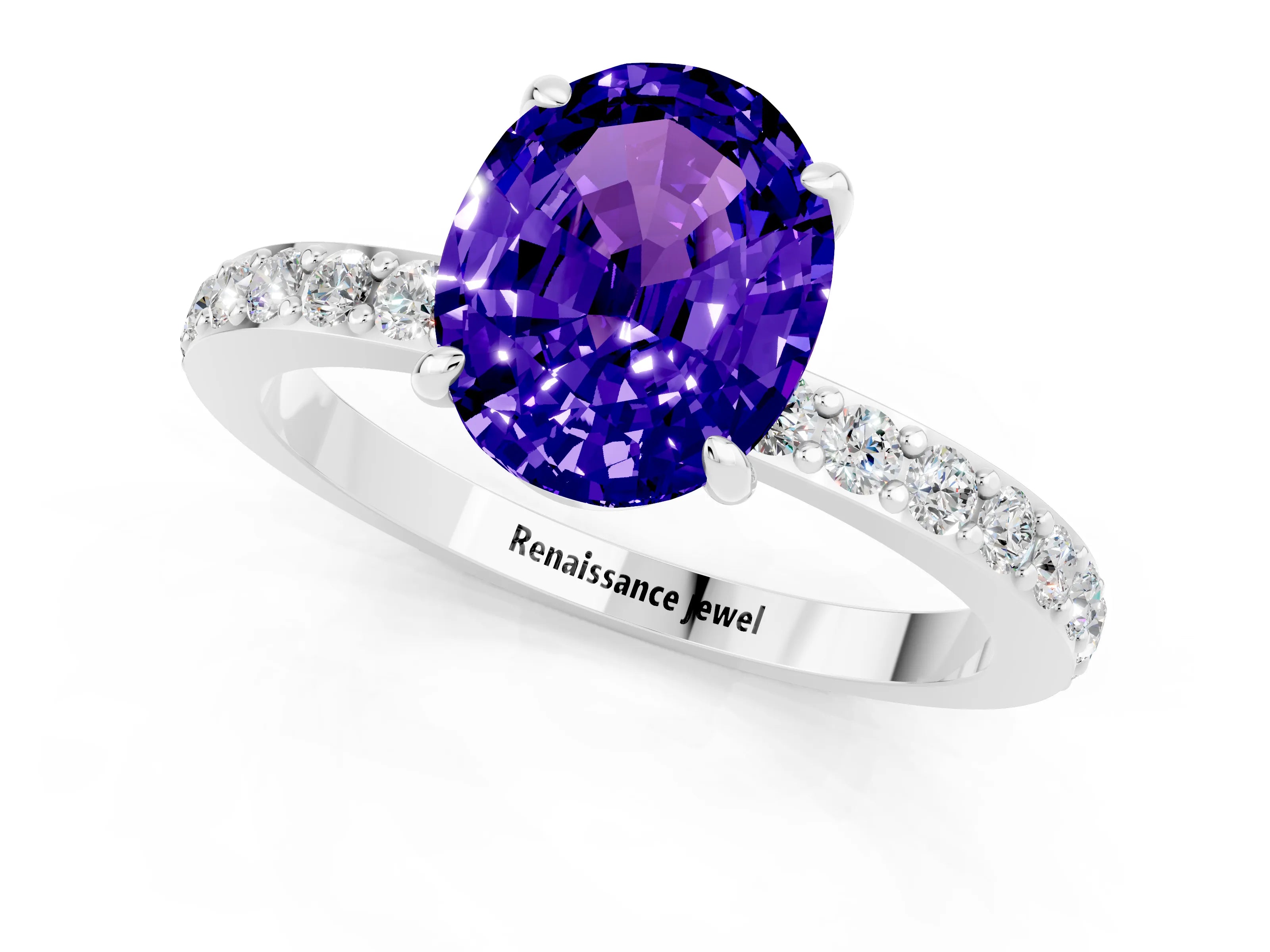 White gold Oval Cut Tanzanite Solitaire Engagement Ring with Pavé Band and Four-Prong Setting_1