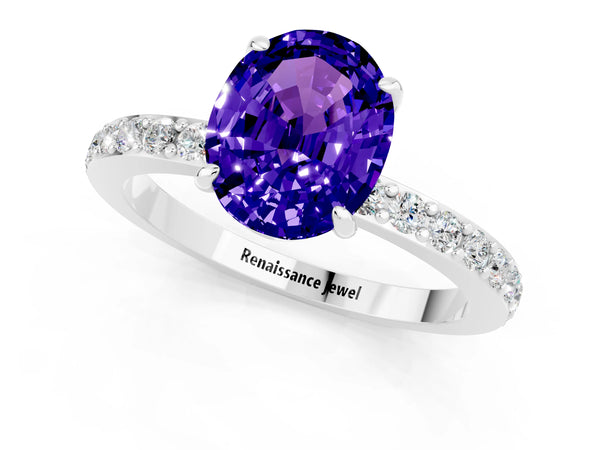 White gold Oval Cut Tanzanite Solitaire Engagement Ring with Pavé Band and Four-Prong Setting