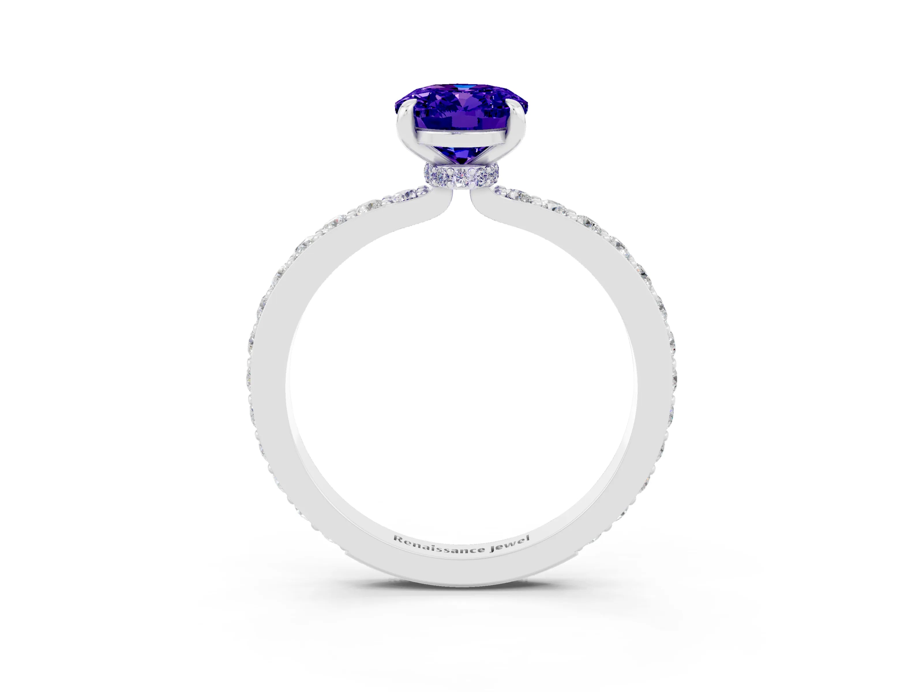White gold Oval Cut Tanzanite Solitaire Engagement Ring with Pavé Band and Four-Prong Setting_3