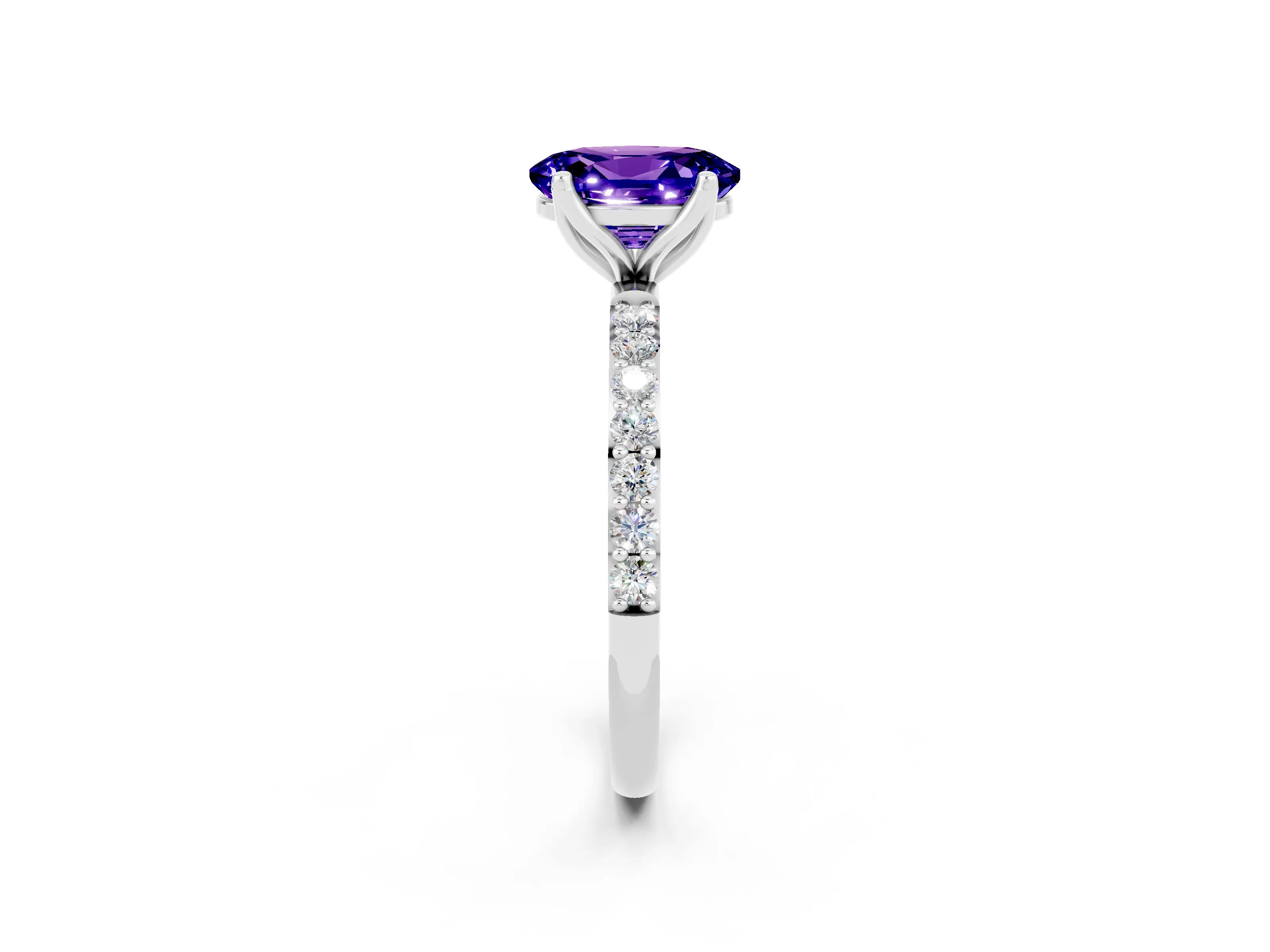 White gold Oval Cut Tanzanite Solitaire Engagement Ring with Pavé Band and Prong Setting_2