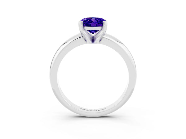Silver Oval Cut Tanzanite Solitaire Engagement Ring with Round Band and Four-Prong Setting