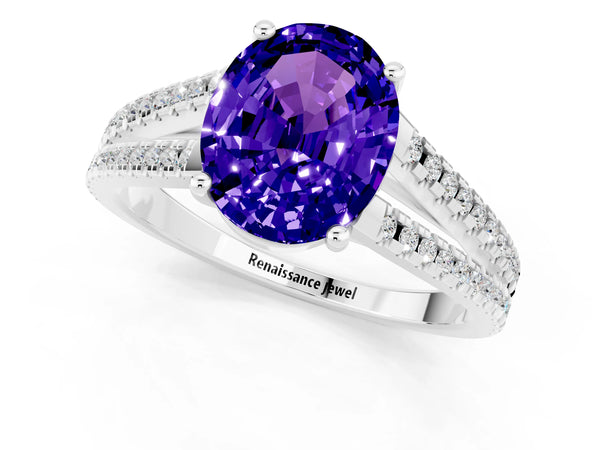 Platinum Oval Cut Tanzanite Solitaire Engagement Ring with Split Shank Pavé Band