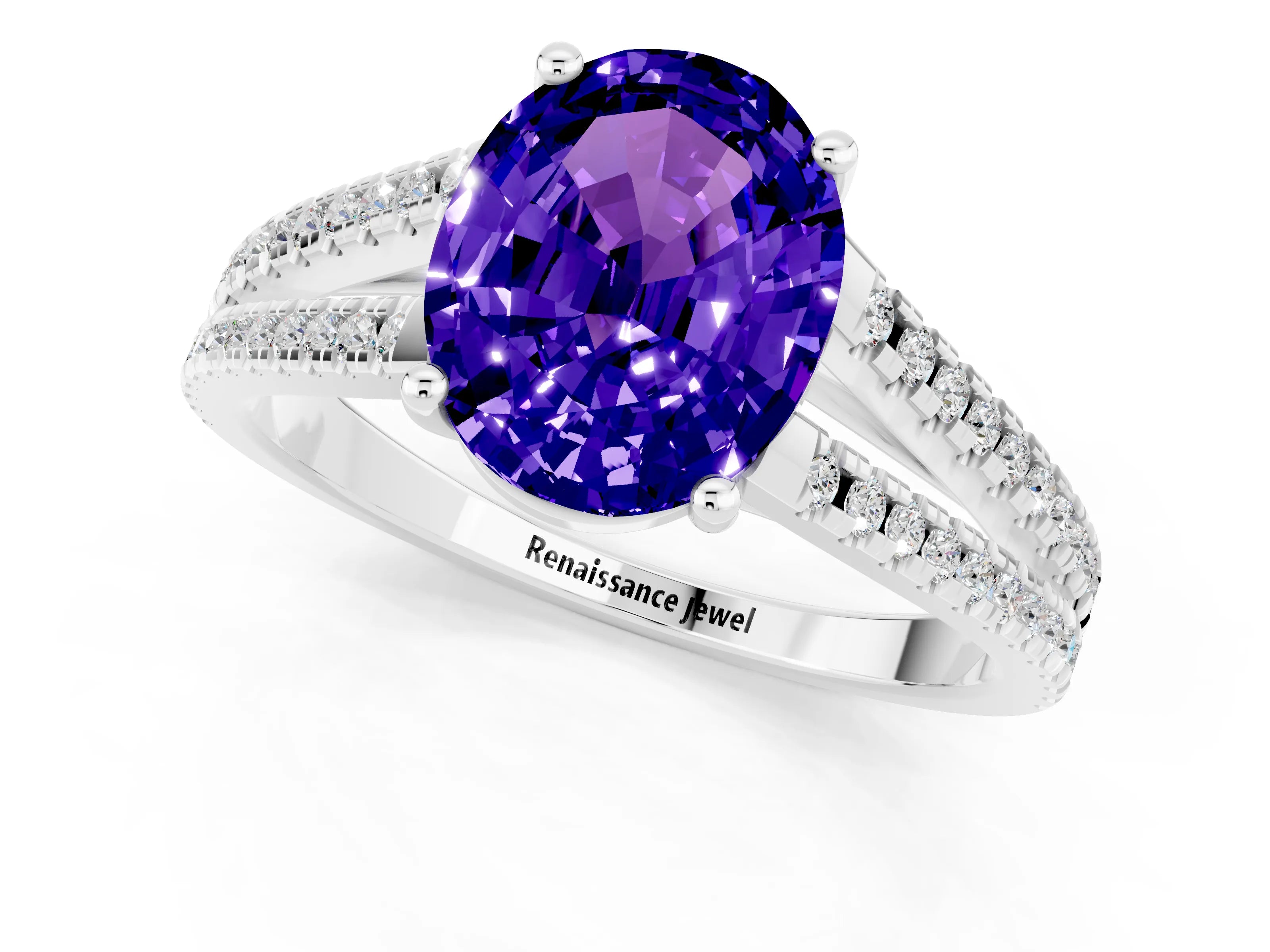 White gold Oval Cut Tanzanite Solitaire Engagement Ring with Split Shank Pavé Band_1