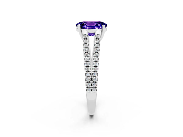White gold Oval Cut Tanzanite Solitaire Engagement Ring with Split Shank Pavé Band