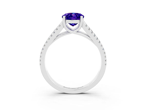 Platinum Oval Cut Tanzanite Solitaire Engagement Ring with Split Shank Pavé Band