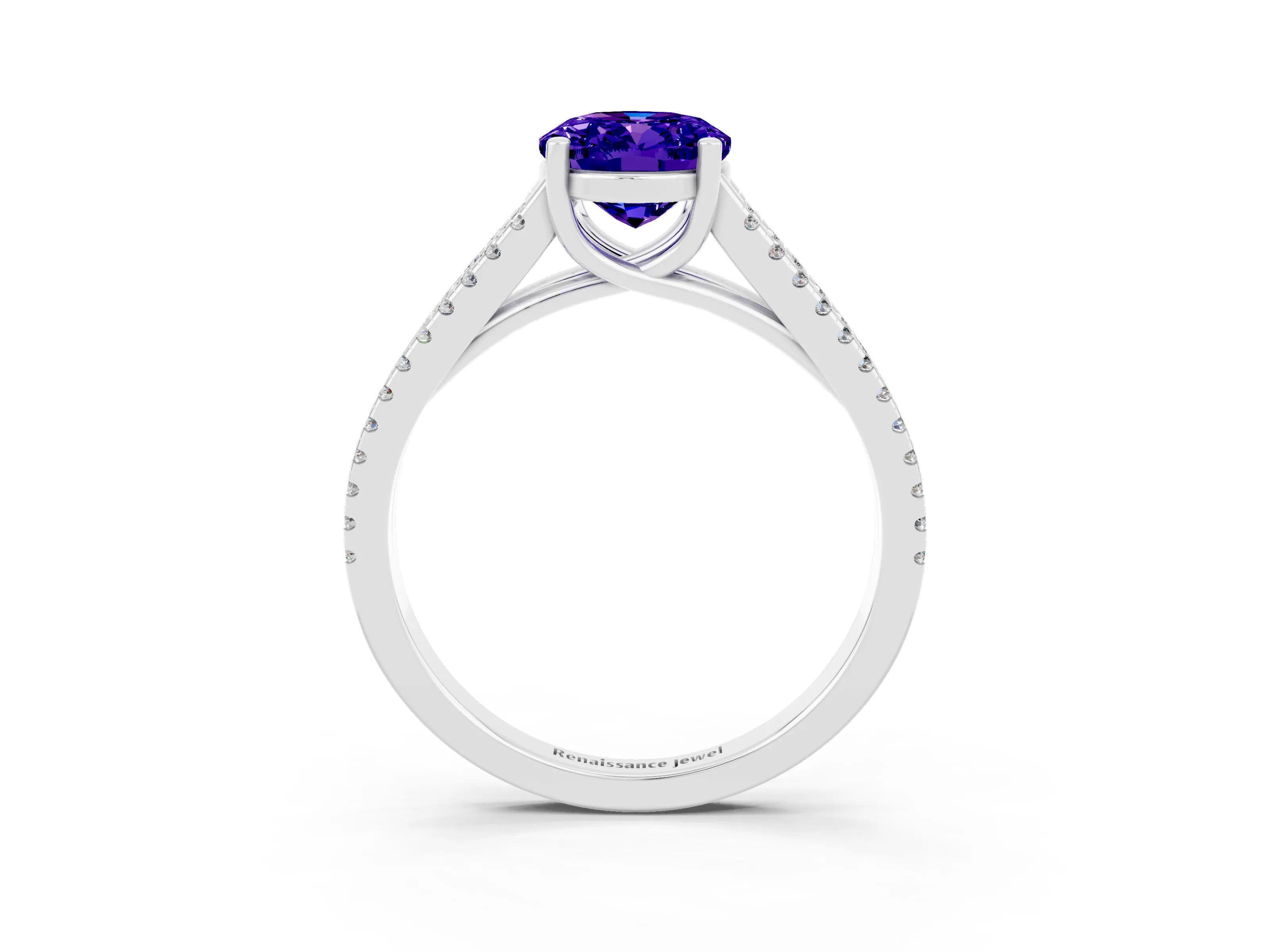 White gold Oval Cut Tanzanite Solitaire Engagement Ring with Split Shank Pavé Band_3