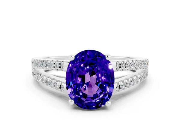 White gold Oval Cut Tanzanite Solitaire Engagement Ring with Split Shank Pavé Band