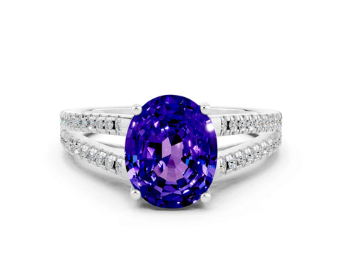 White gold Oval Cut Tanzanite Solitaire Engagement Ring with Split Shank Pavé Band