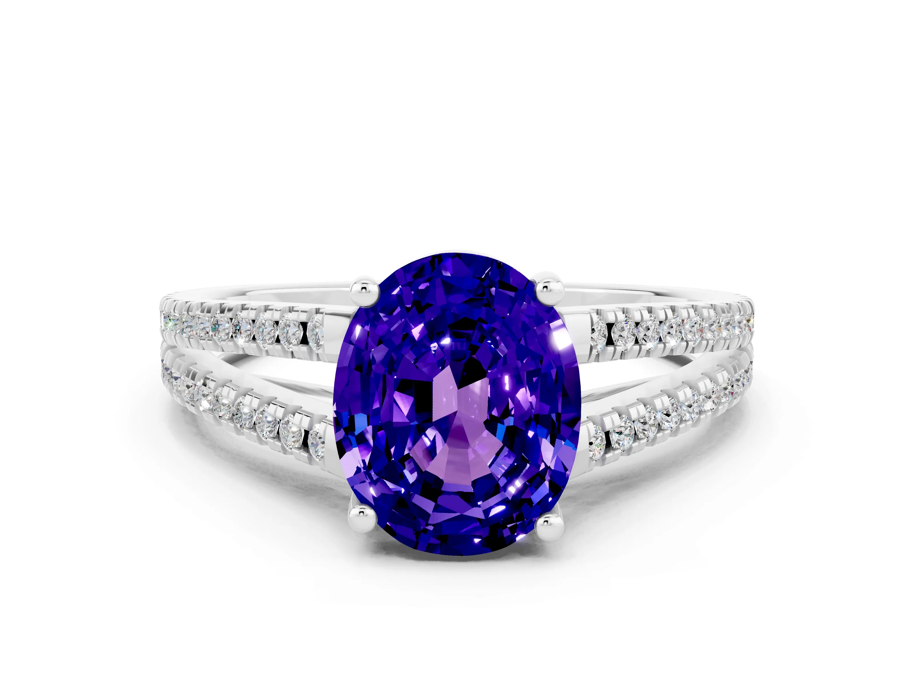 White gold Oval Cut Tanzanite Solitaire Engagement Ring with Split Shank Pavé Band