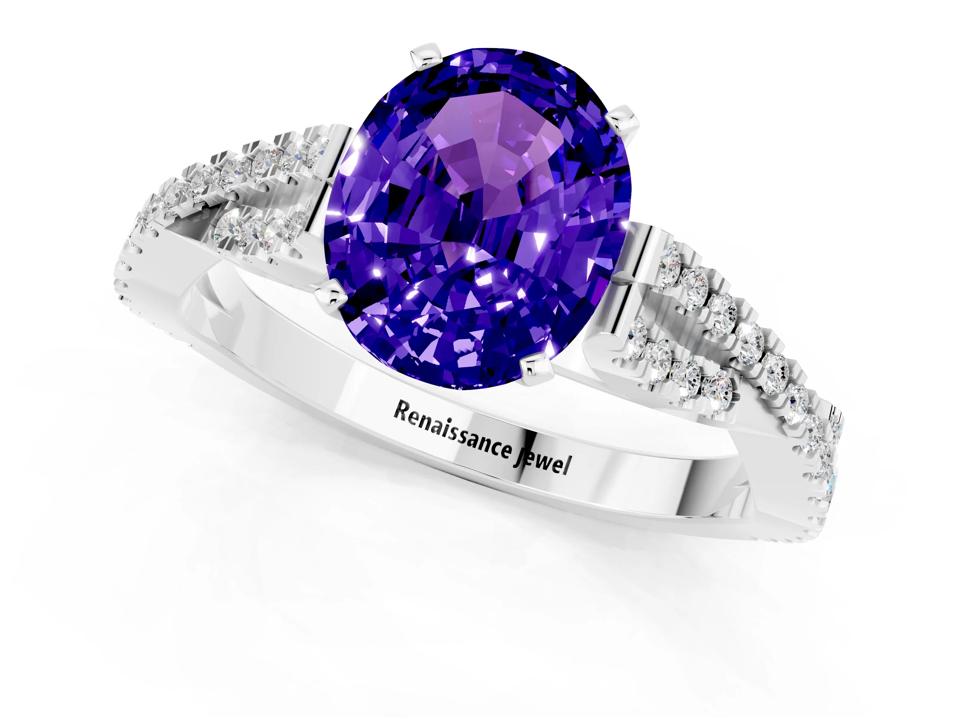 White gold Oval Cut Tanzanite Solitaire Engagement Ring with Twisted Pavé Band and Four-Prong Setting_1