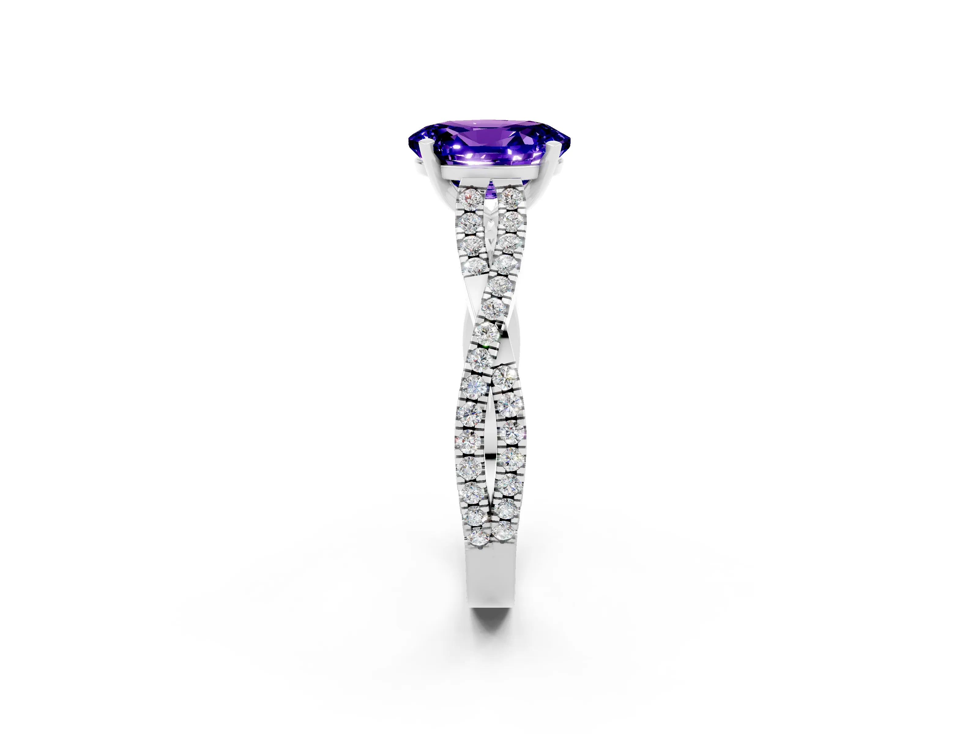 White gold Oval Cut Tanzanite Solitaire Engagement Ring with Twisted Pavé Band and Four-Prong Setting_2
