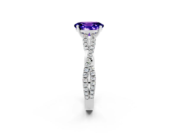 White gold Oval Cut Tanzanite Solitaire Engagement Ring with Twisted Pavé Band and Four-Prong Setting
