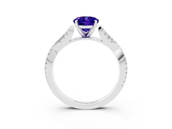 Silver Oval Cut Tanzanite Solitaire Engagement Ring with Twisted Pavé Band and Four-Prong Setting
