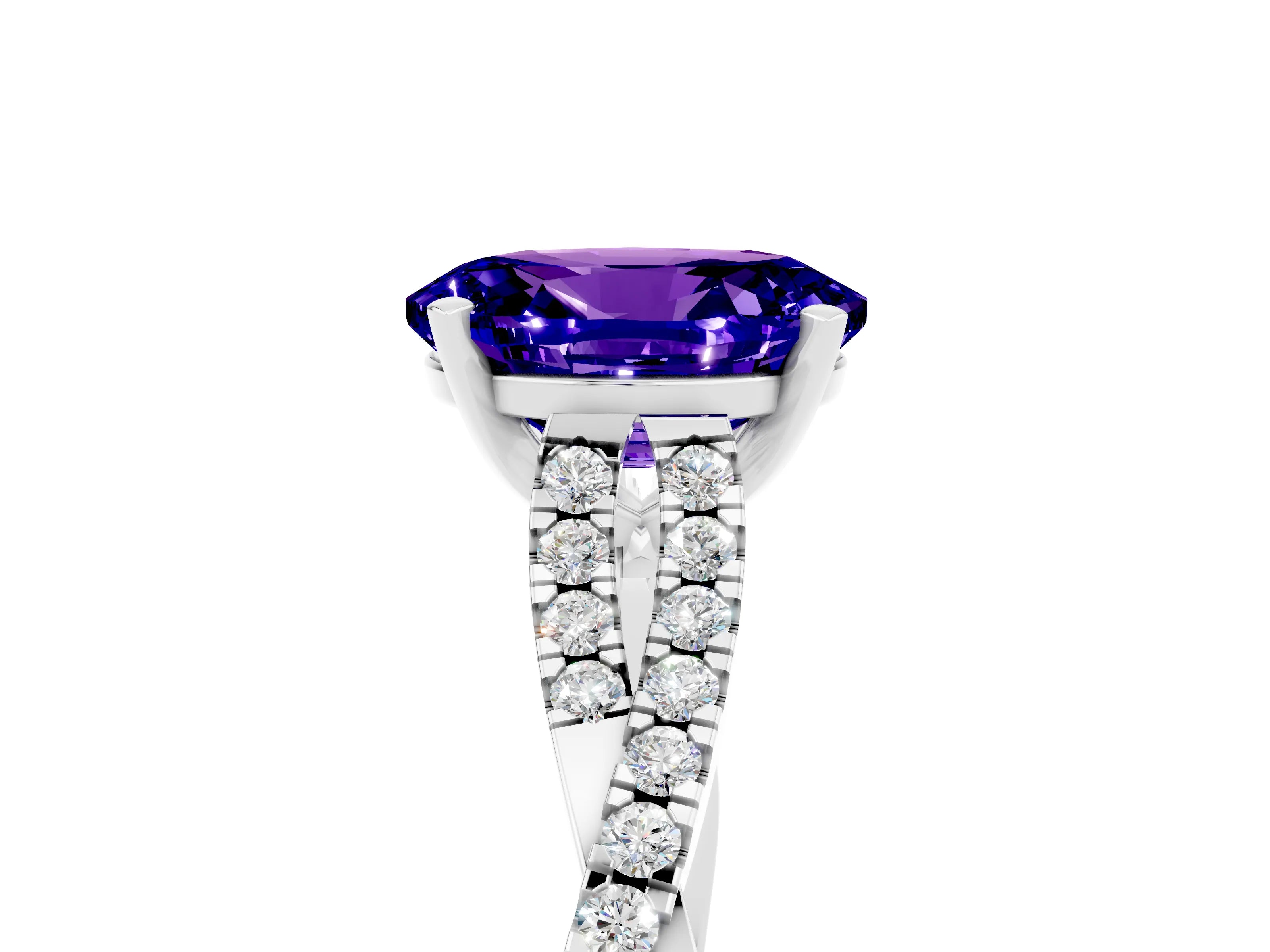 White gold Oval Cut Tanzanite Solitaire Engagement Ring with Twisted Pavé Band and Four-Prong Setting_5