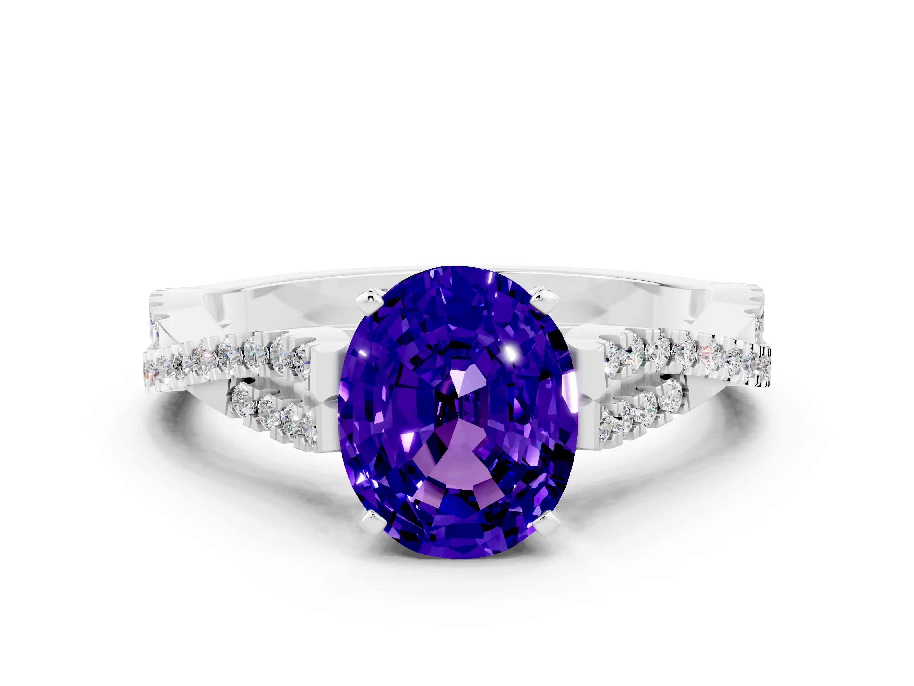 White gold Oval Cut Tanzanite Solitaire Engagement Ring with Twisted Pavé Band and Four-Prong Setting