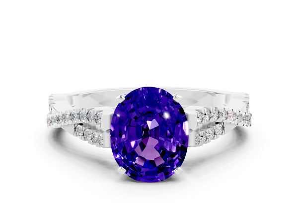 Silver Oval Cut Tanzanite Solitaire Engagement Ring with Twisted Pavé Band and Four-Prong Setting