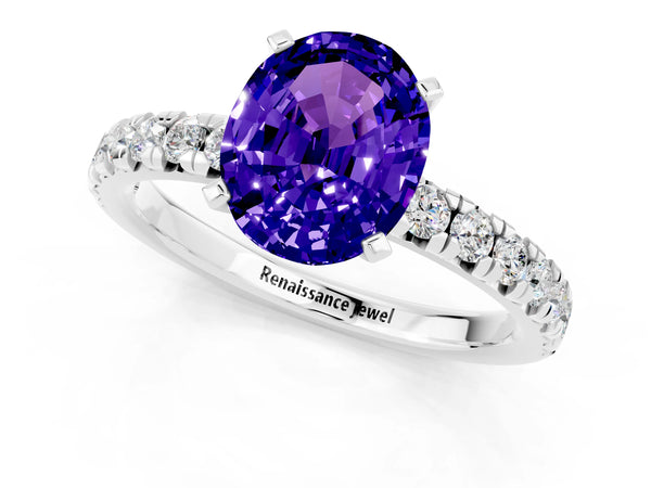 Platinum Oval Cut Tanzanite Solitaire Pavé Engagement Ring with Round Band and Prong Setting