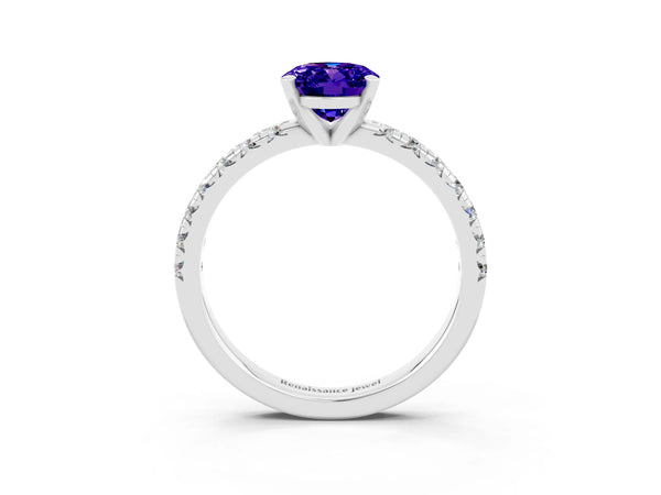 Platinum Oval Cut Tanzanite Solitaire Pavé Engagement Ring with Round Band and Prong Setting