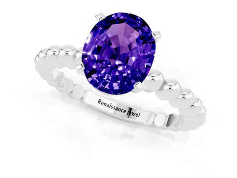 White gold Oval Cut Tanzanite Solitaire Ring with Beaded Band and Prong Setting_37