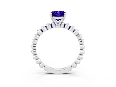 White gold Oval Cut Tanzanite Solitaire Ring with Beaded Band and Prong Setting_39