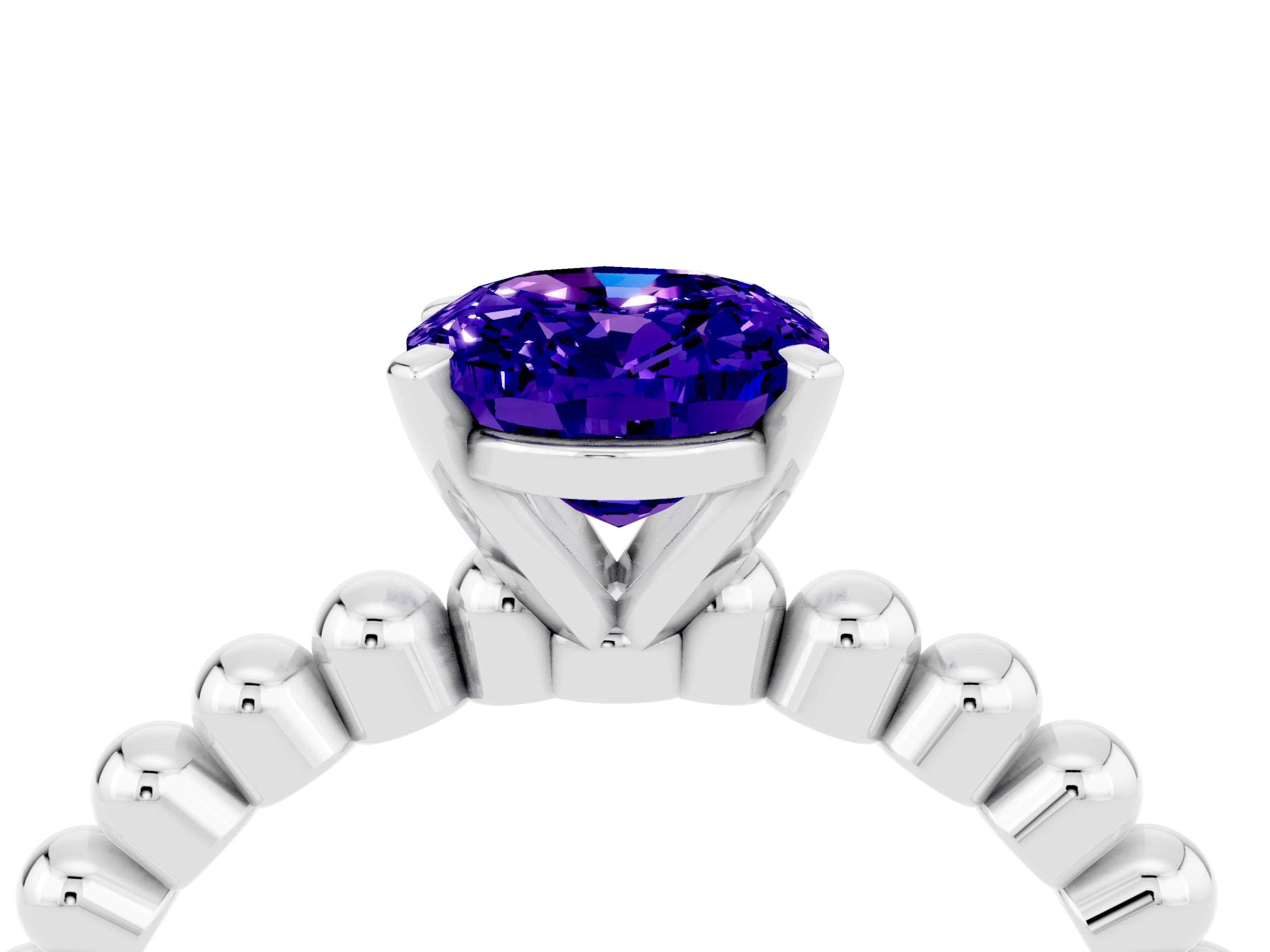 White gold Oval Cut Tanzanite Solitaire Ring with Beaded Band and Prong Setting_40