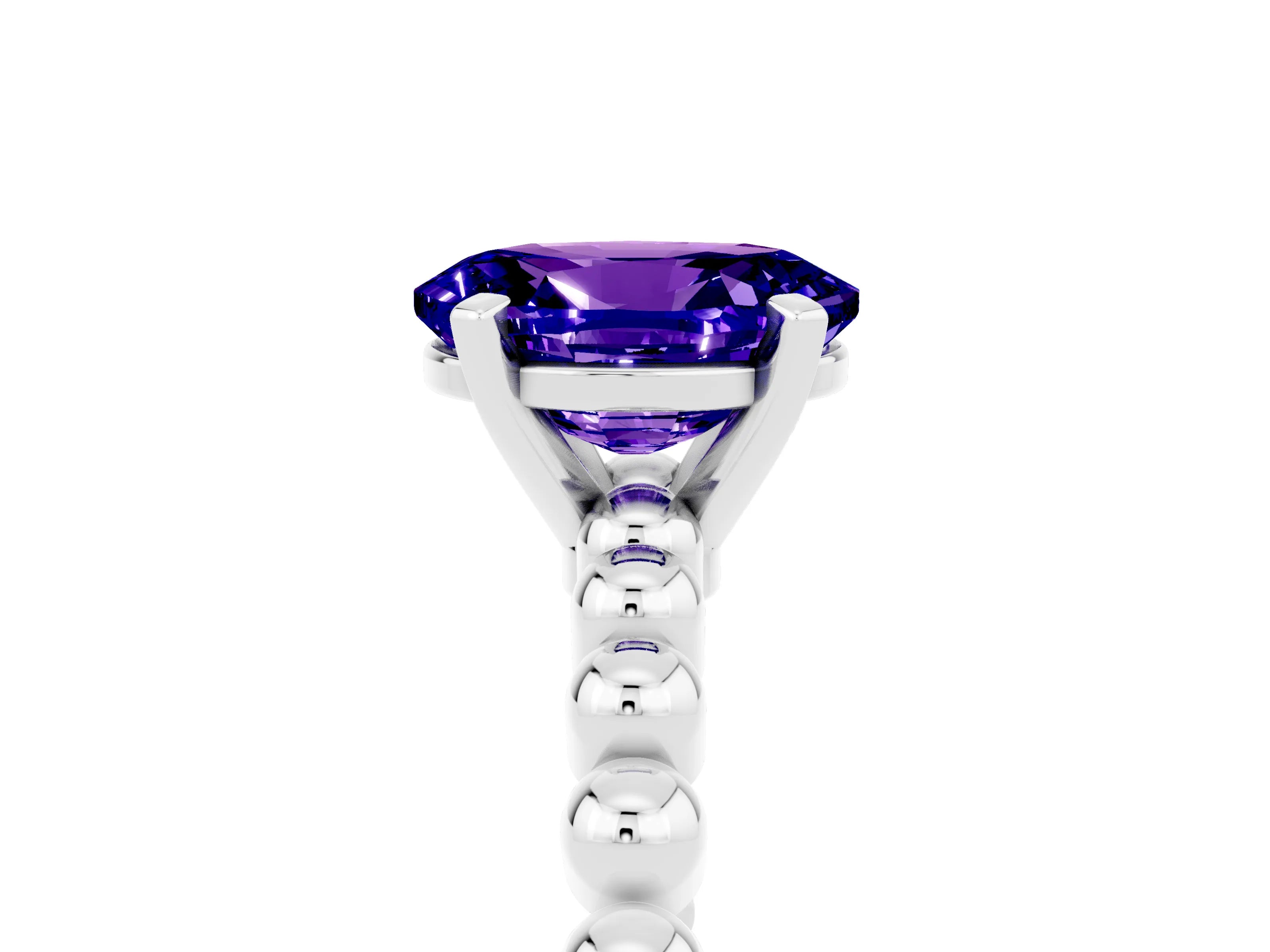 White gold Oval Cut Tanzanite Solitaire Ring with Beaded Band and Prong Setting_41