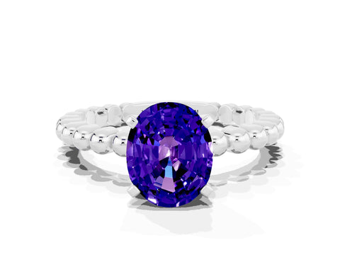 White gold Oval Cut Tanzanite Solitaire Ring with Beaded Band and Prong Setting_47