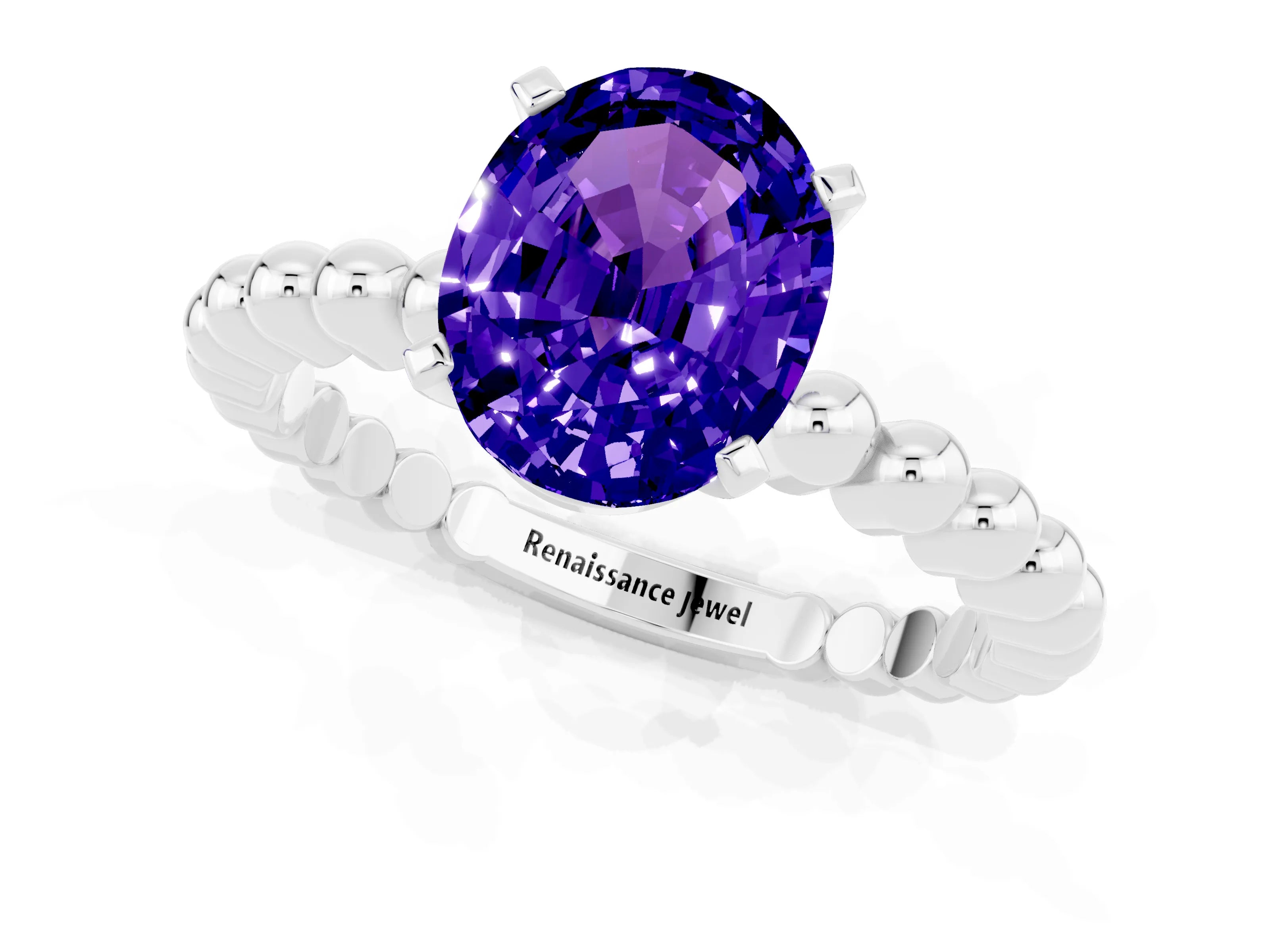 White gold Oval Cut Tanzanite Solitaire Ring with Beaded Band and Prong Setting_48
