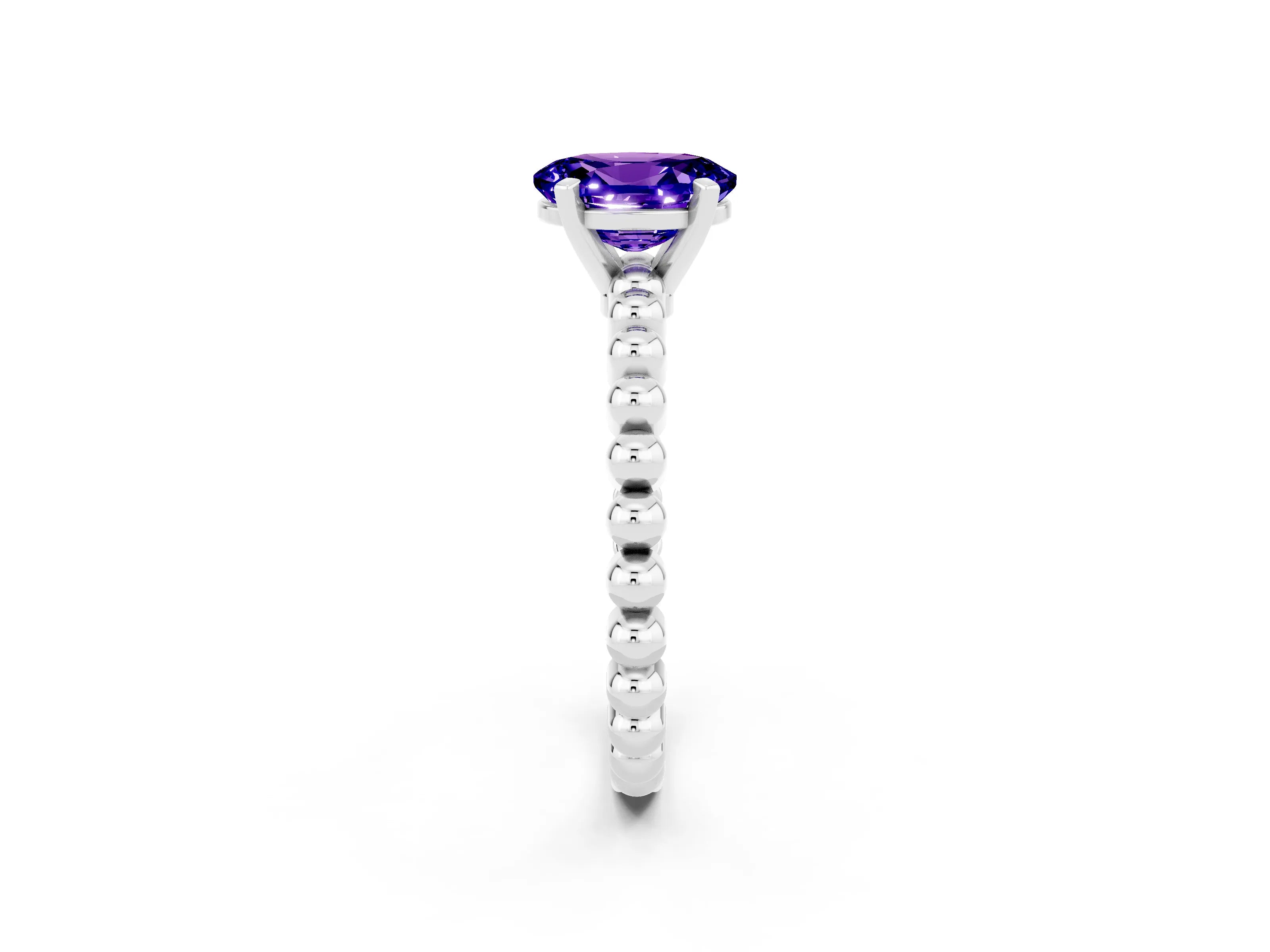 White gold Oval Cut Tanzanite Solitaire Ring with Beaded Band and Prong Setting_49