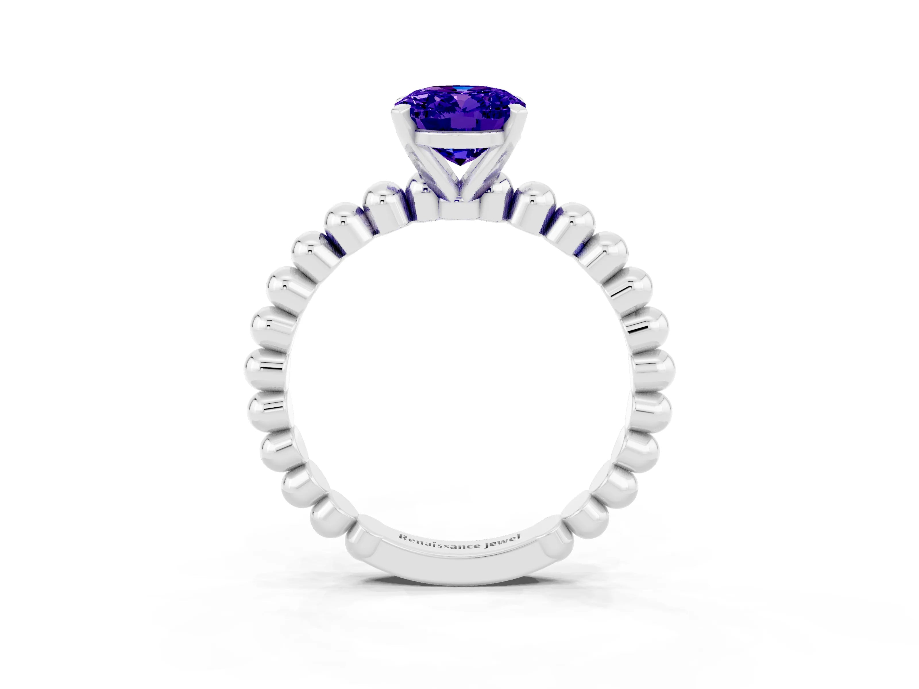 White gold Oval Cut Tanzanite Solitaire Ring with Beaded Band and Prong Setting_50