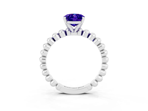 White gold Oval Cut Tanzanite Solitaire Ring with Beaded Band and Prong Setting