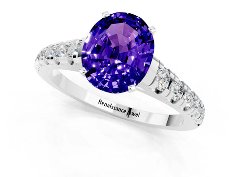 White gold Oval Cut Tanzanite Solitaire Ring with Cathedral Setting and Pavé Band_1