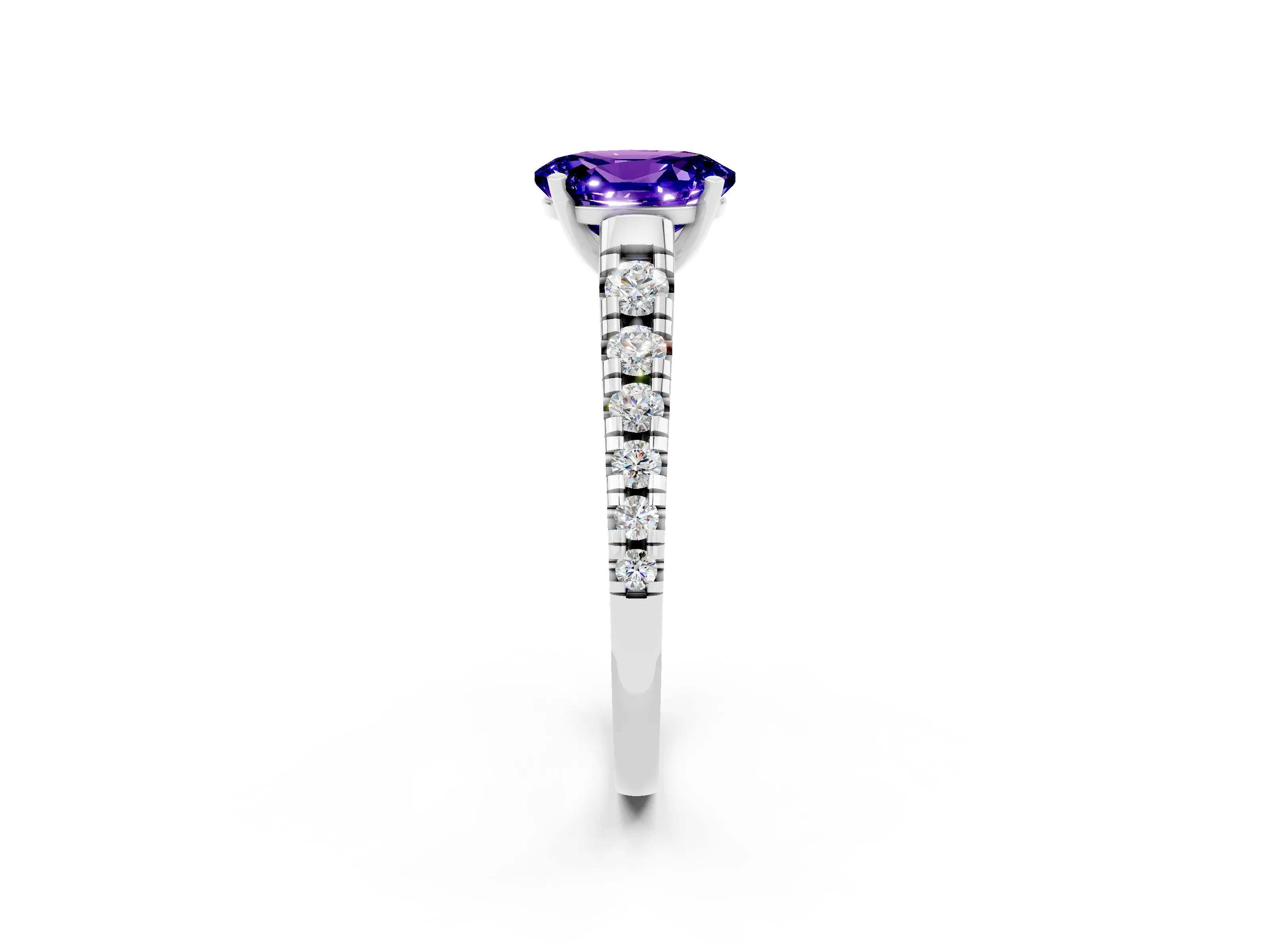 White gold Oval Cut Tanzanite Solitaire Ring with Cathedral Setting and Pavé Band_2