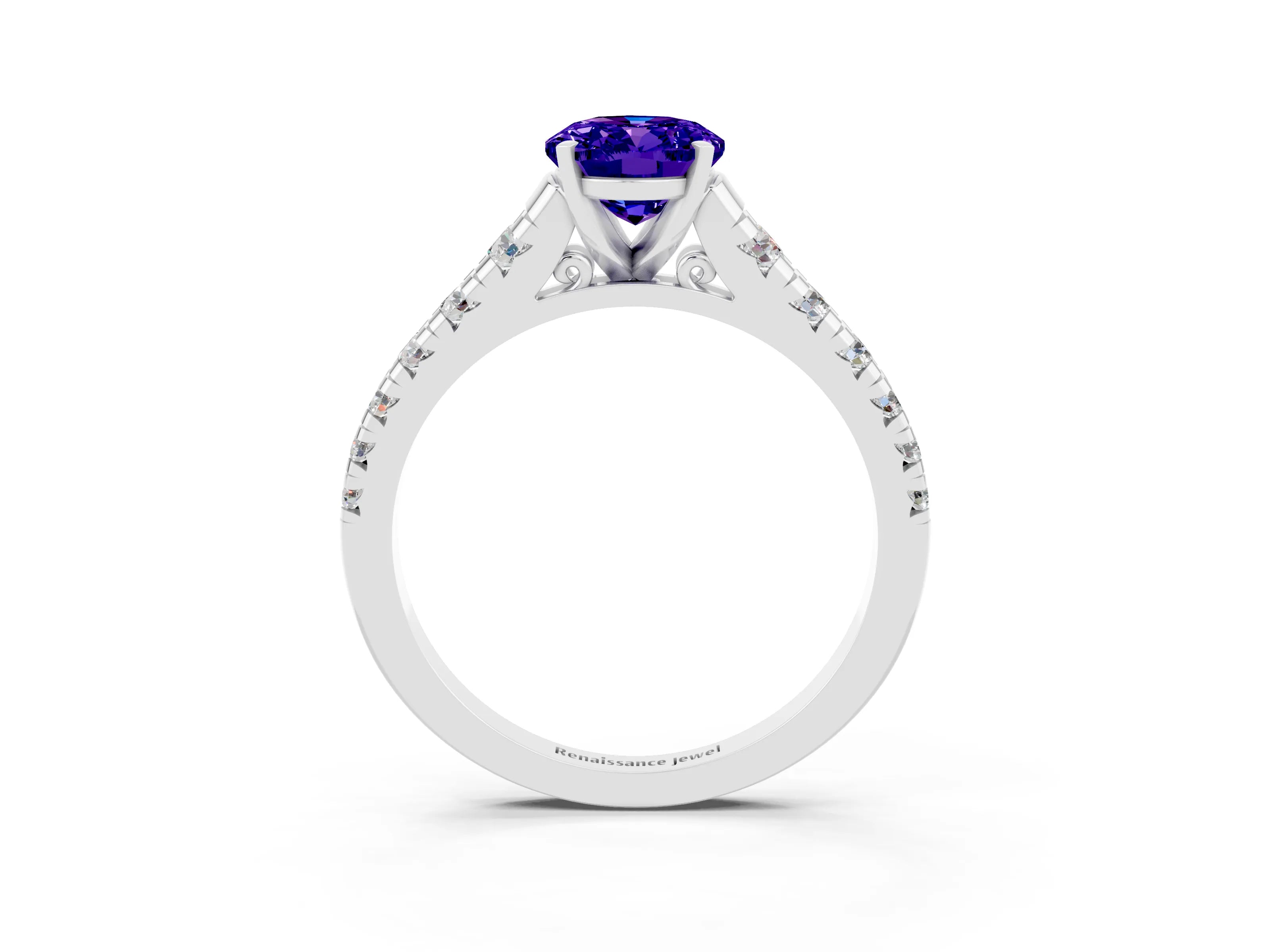 White gold Oval Cut Tanzanite Solitaire Ring with Cathedral Setting and Pavé Band_3