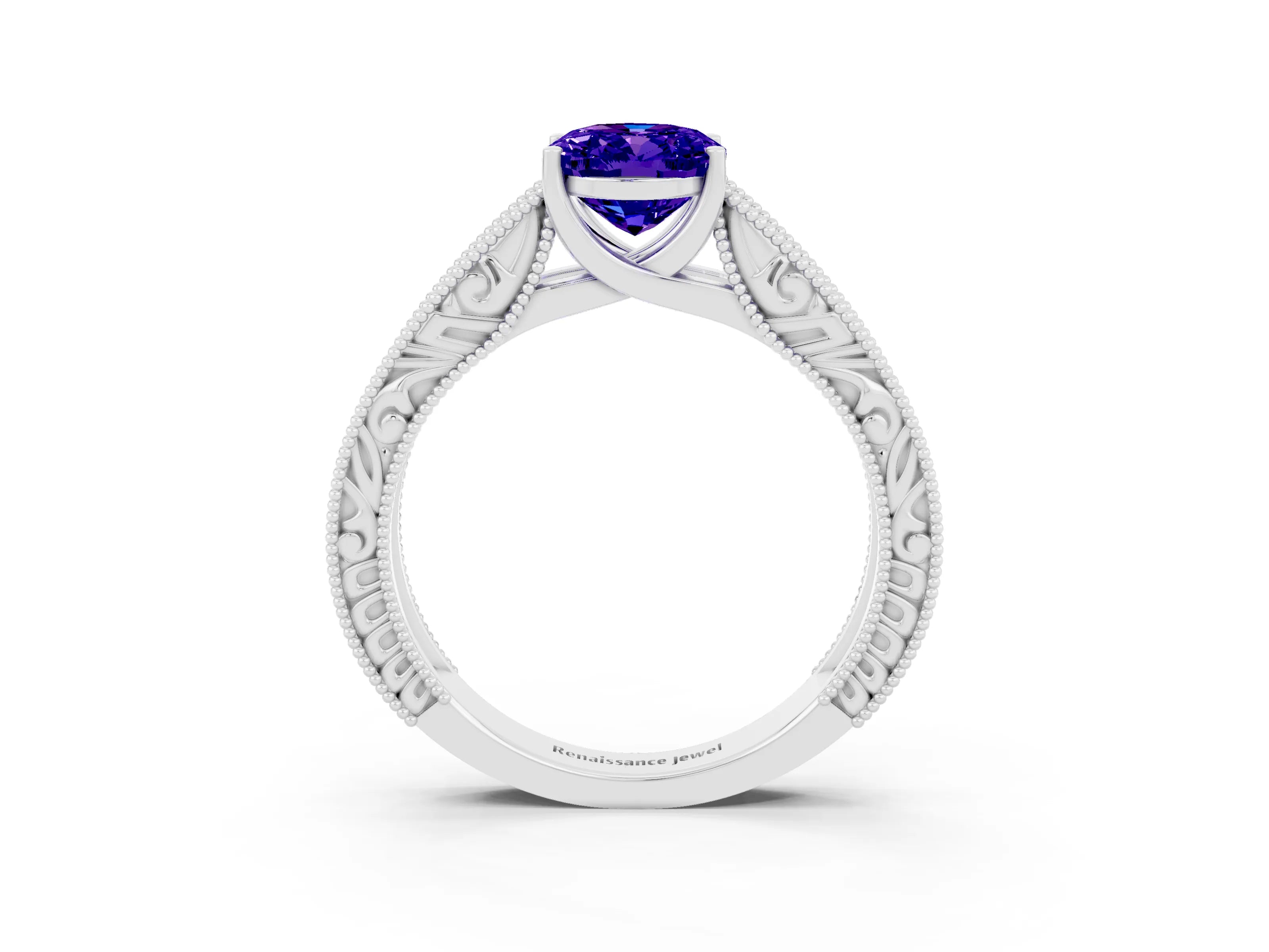 White gold Oval Cut Tanzanite Solitaire Ring with Engraved Band and Four-Prong Setting_3