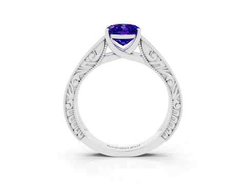White gold Oval Cut Tanzanite Solitaire Ring with Engraved Band and Four-Prong Setting_3