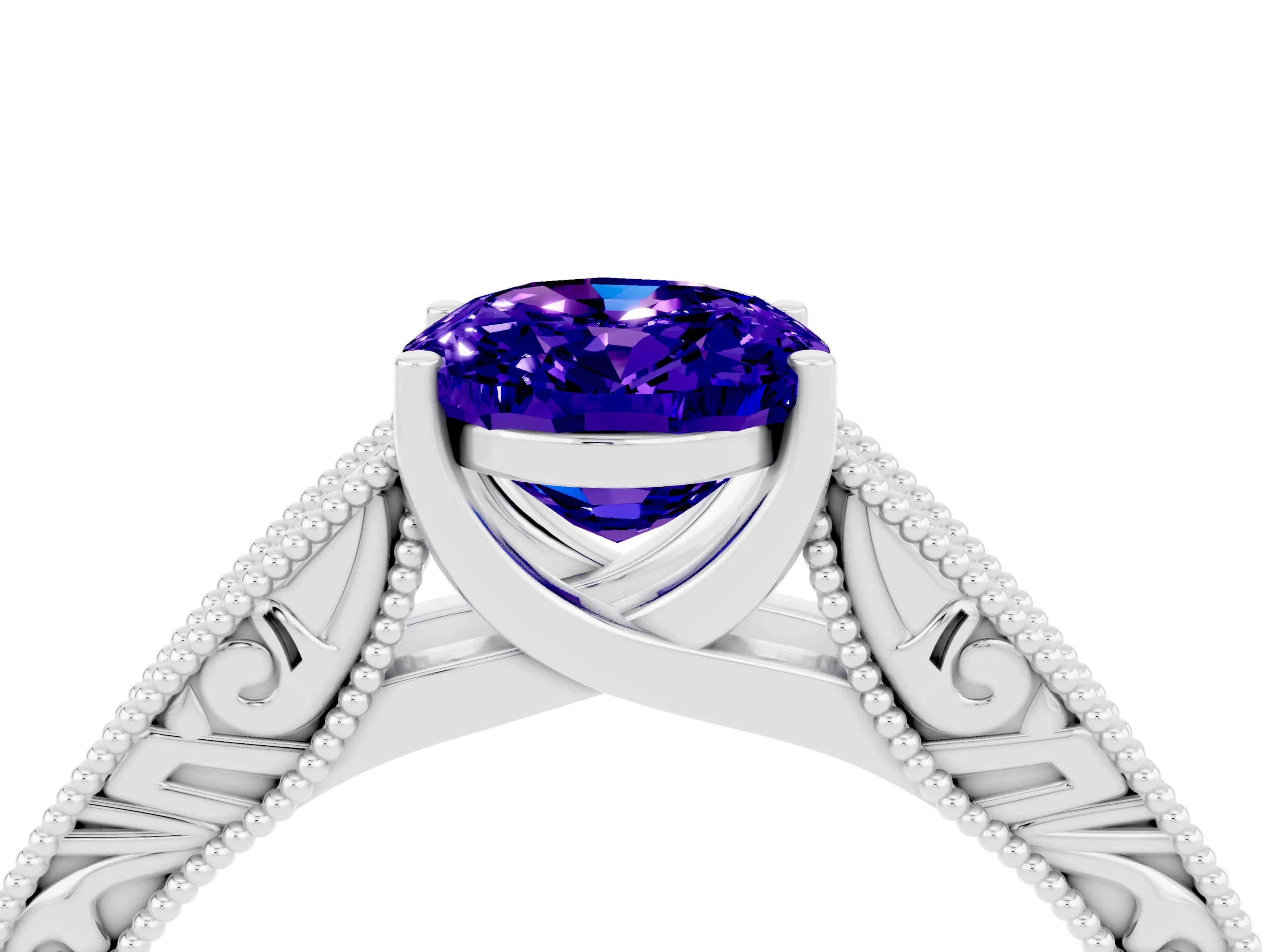 White gold Oval Cut Tanzanite Solitaire Ring with Engraved Band and Four-Prong Setting_4