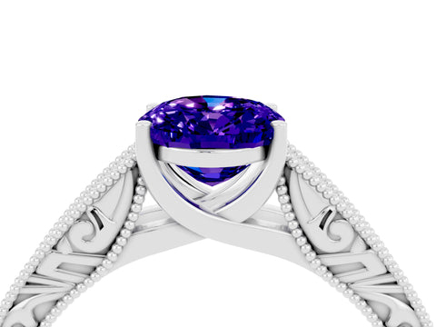White gold Oval Cut Tanzanite Solitaire Ring with Engraved Band and Four-Prong Setting_4
