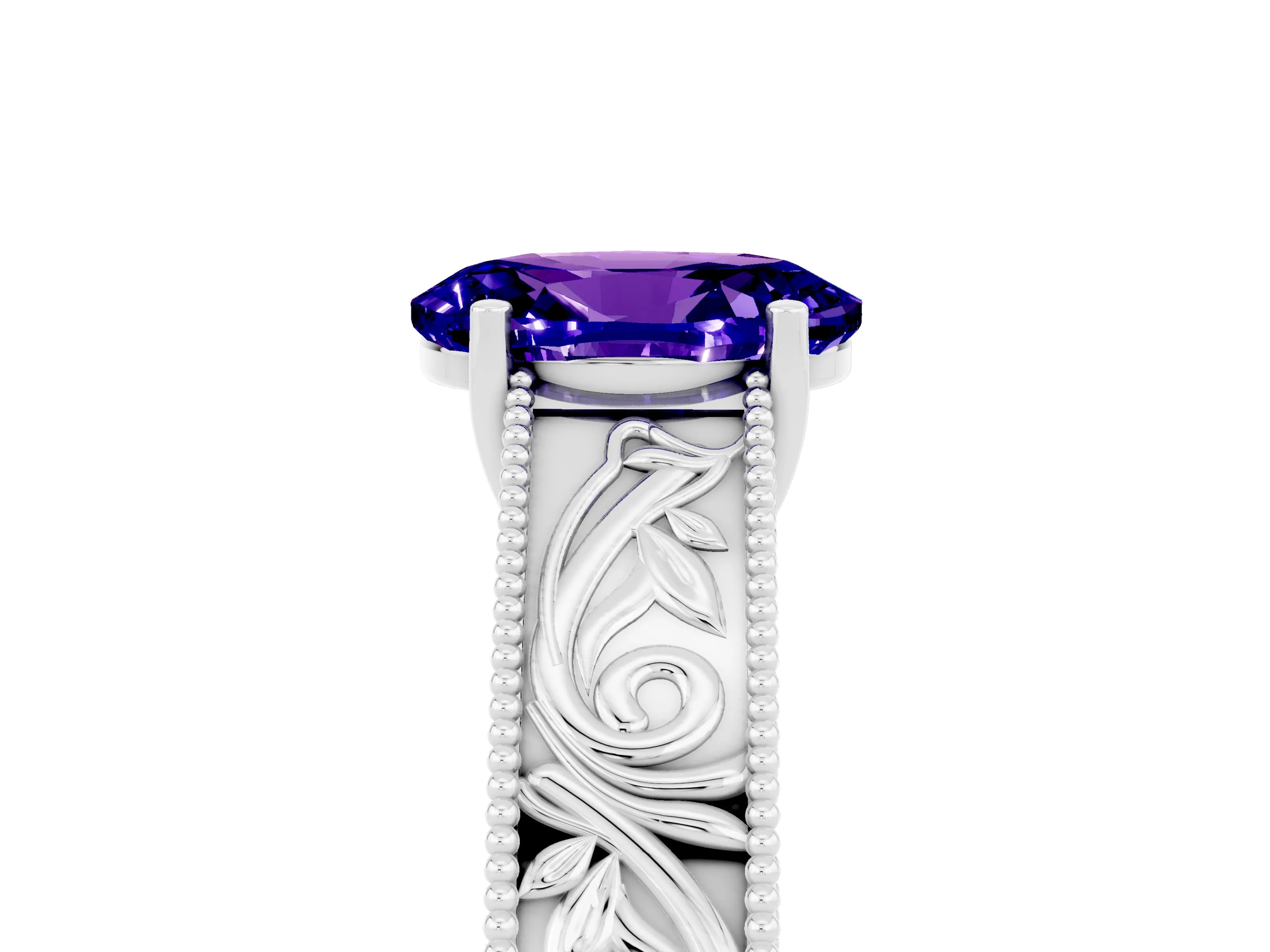 White gold Oval Cut Tanzanite Solitaire Ring with Engraved Band and Four-Prong Setting_5